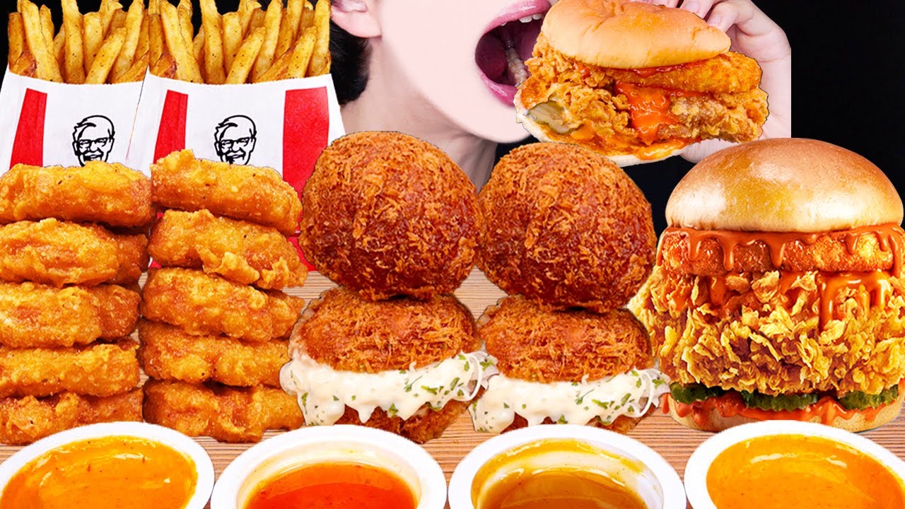 ASMR KFC DOUBLE CHICKEN BURGER FRIES CHEESE BALLS CHICKEN NUGGETS MUKBANG 치킨버거 먹방 EATING SOUNDS