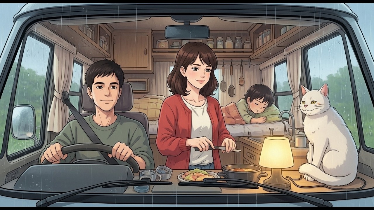 A Peaceful Family Road Trip in a Rainy Season Cozy Family mobile  Van Life Ghibli Style
