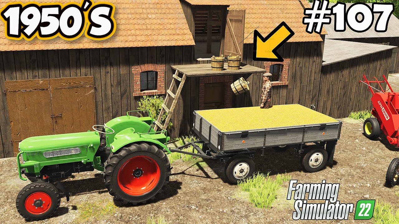 1950'S. Loading GRAIN into ATTIC. Raking and baling straw. Farming simulator 22. FS 22. Ep.107