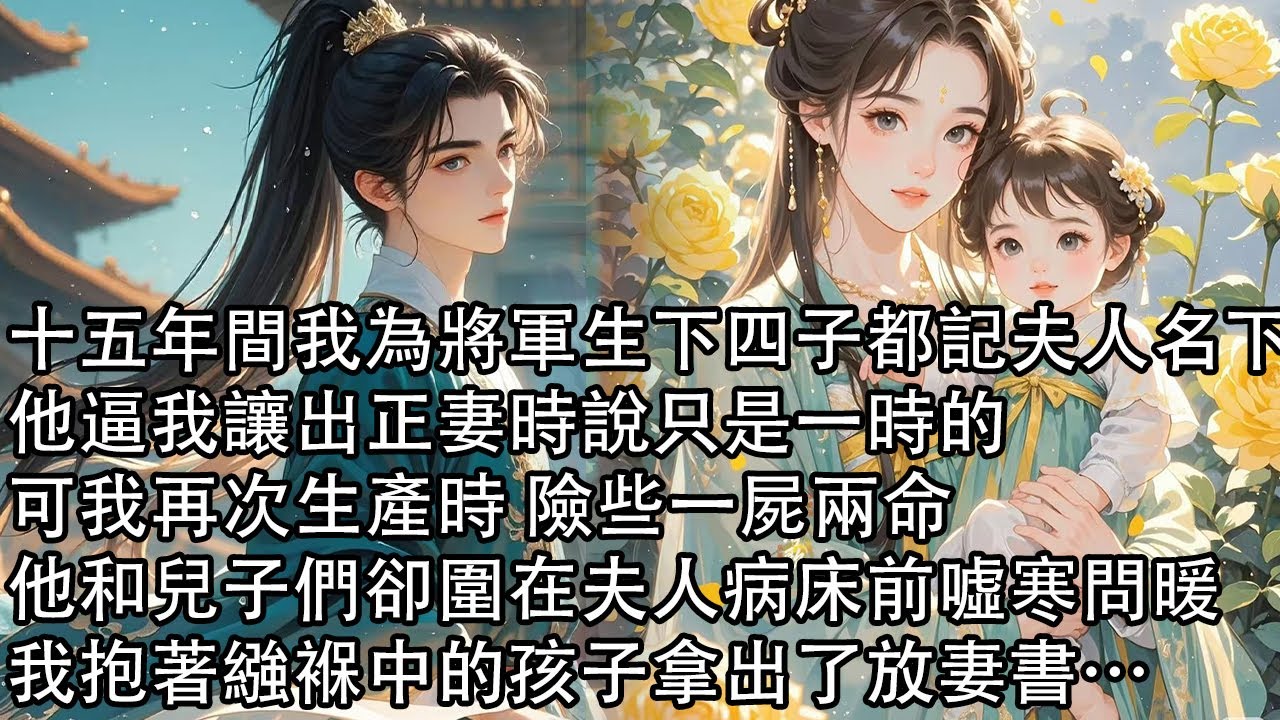 【一口氣看完】十五年間我為將軍生下四子都記夫人名下，他逼我讓出正妻時說只是一時的，可我再次生產時 險些一屍兩命，他和兒子們卻圍在夫人病床前噓寒問暖，我抱著繈褓中的孩子拿出了放妻書…