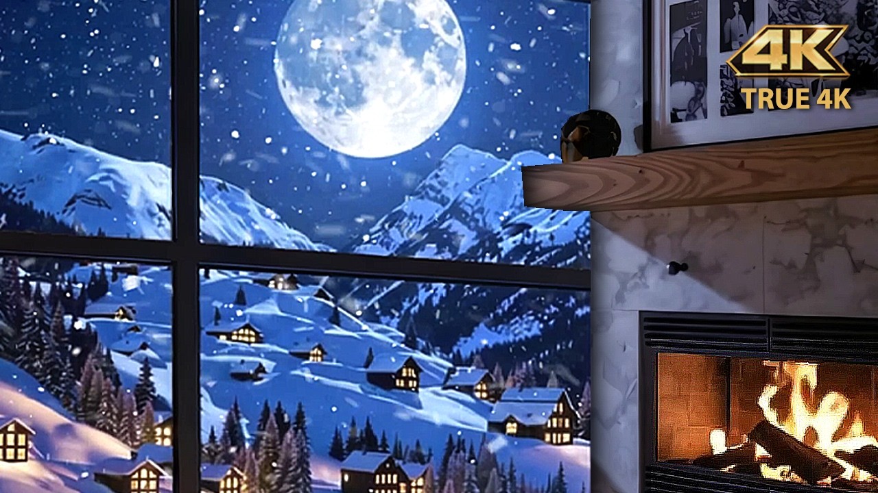 4K Moonlit Alps ❄️ | Cozy Fireplace Living Painting for Relax & Sleep