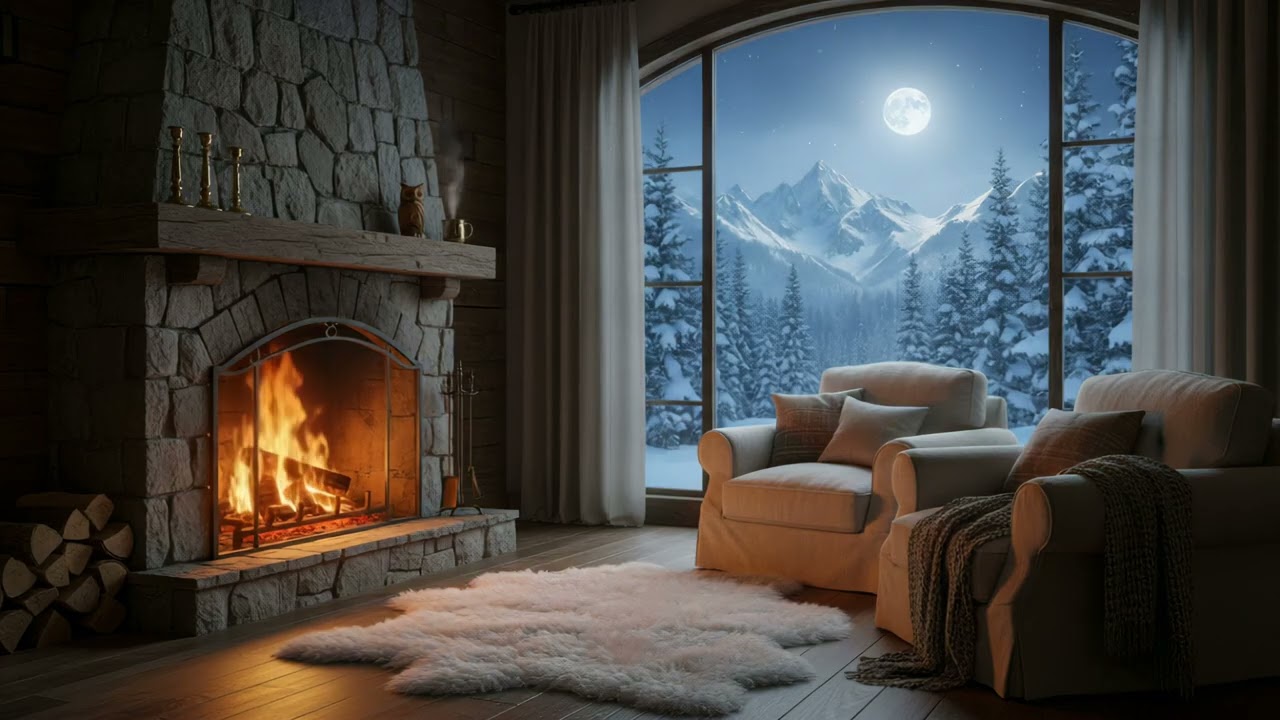 Midnight Piano at the Mountain Cabin 🏔️ Cozy Fireplace & Moonlit Winter Forest Ambience