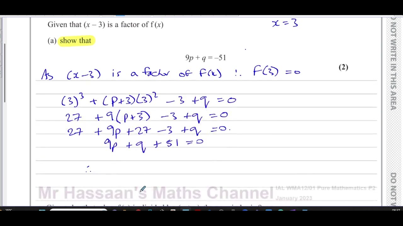 WMA12/01 (Edexcel) IAL P2 January 2023,  Q5, The Factor & Remainder Theorems, Algebraic Division