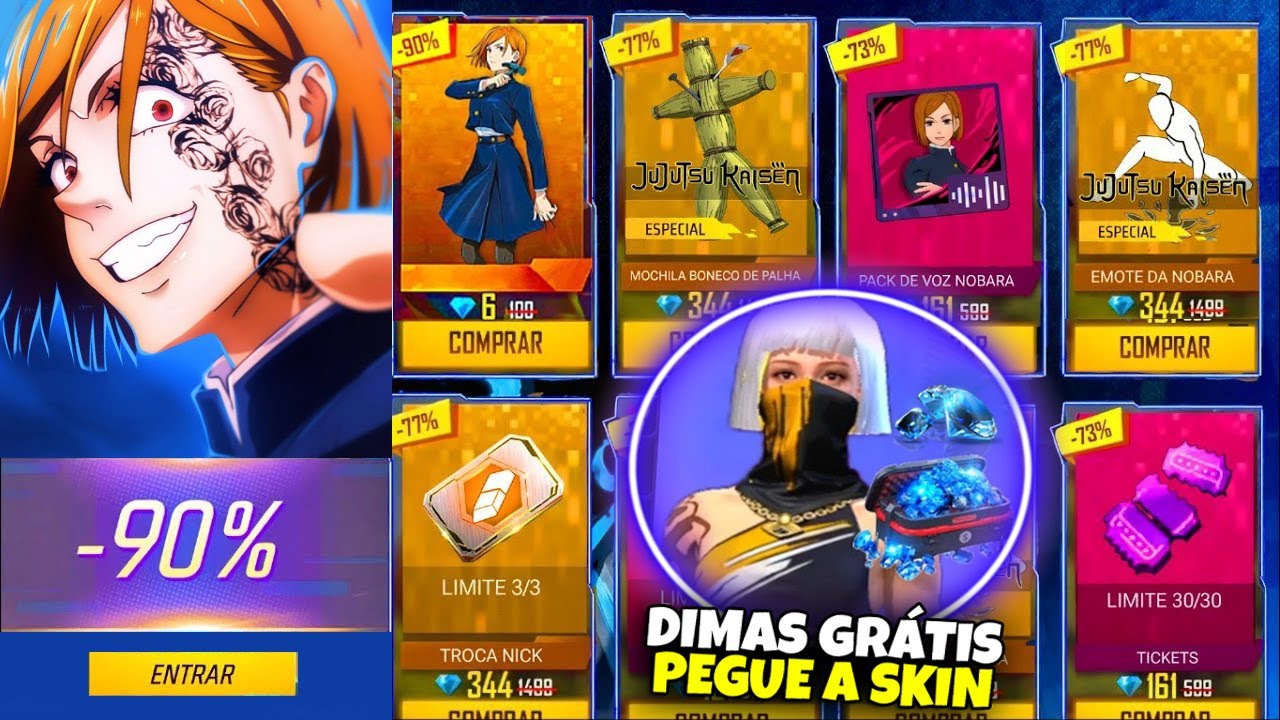 CORRE!! 100 DIMAS GR&Aacute;TIS, ITENS DA 2&ordm; LOJA JUJUTSU KAISEN, PEGUE A SKIN, NOVIDADES FREE FIRE