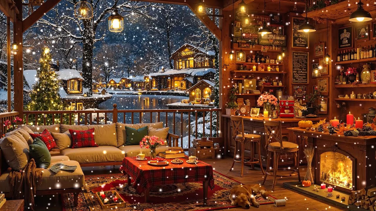 Cozy Winter Porch Ambience ❄️ Soothing Jazz Music & Fireplace Ambience For Relax, Sleep, Work