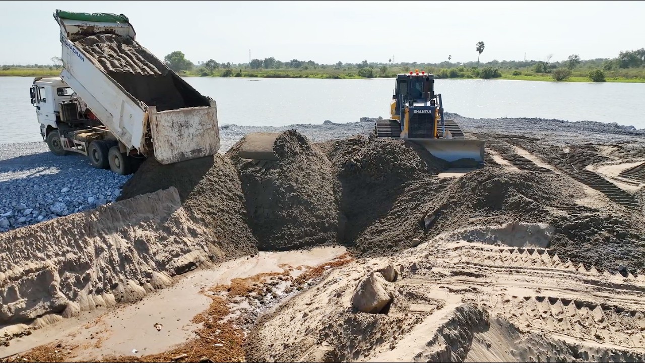 Amazing !! DumpTruck 25TON Delivery Sand Filling Lake With Doze SHANTUI Push Sand