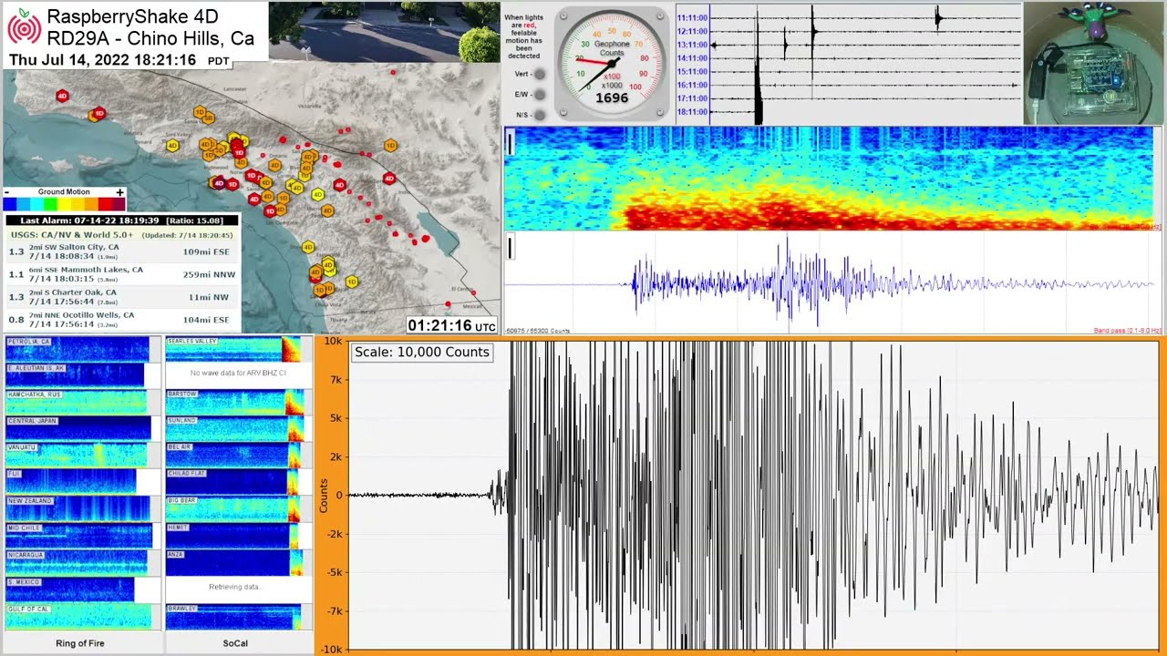 M 4.6 - 13km NE of Ridgecrest, CA 7/14/22 - RaspberryShake 4D Seismograph RD29A - Chino Hills,  Ca