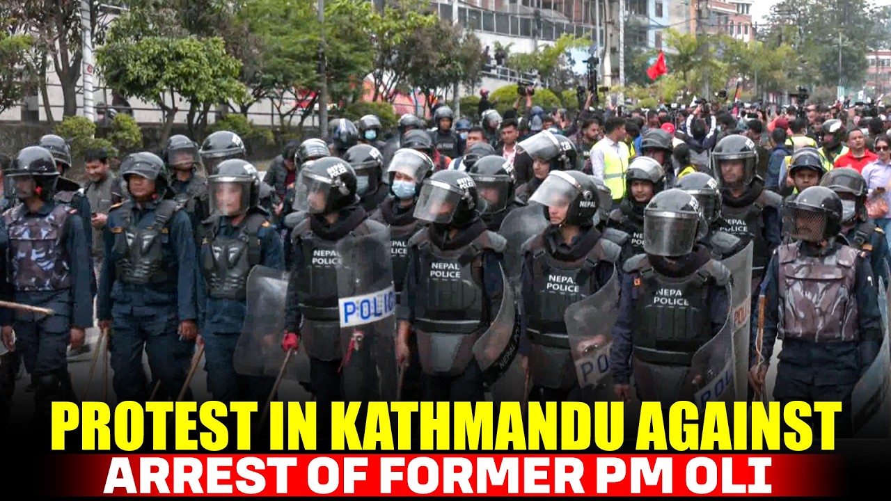 Supporters of former Nepal Prime Minister KP Sharma Oli protest against his arrest in Kathmandu