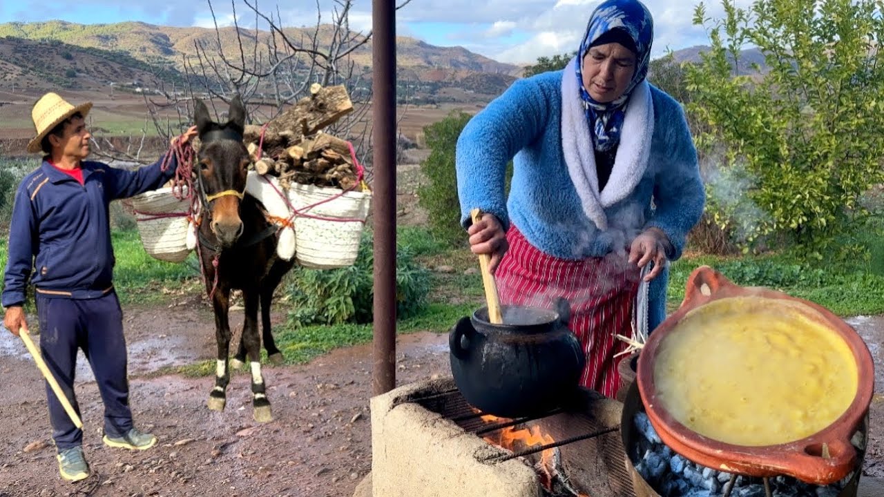 جمع الحطب و طهي بيصارة الحمص في جو شتوي بارد