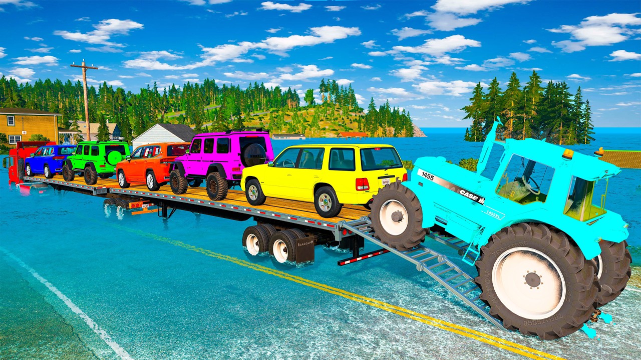 TRANSPORTING PIXAR CARS & FRUITS WITH COLORED & JOHN DEERE vs CLAAS vs TRACTORS - BeamNG.drive #983
