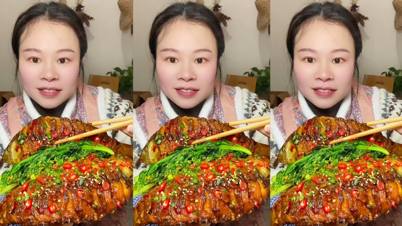 Yummy Spicy Food Mukbang 😋 Eating Braised Big Fish With Green Vegetables, Dumplings Cakes Mukbang