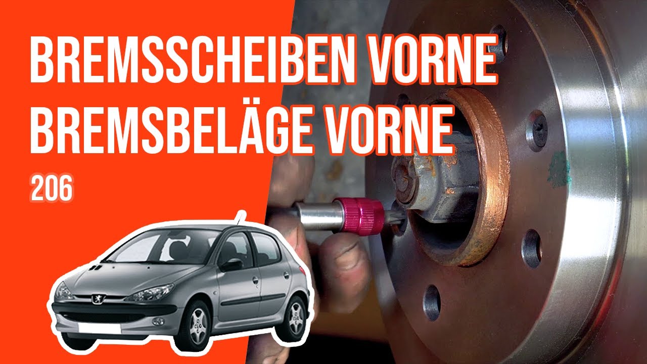 Wie PEUGEOT 206 Bremsscheiben vorne, Bremsbeläge vorne wechseln 🚗