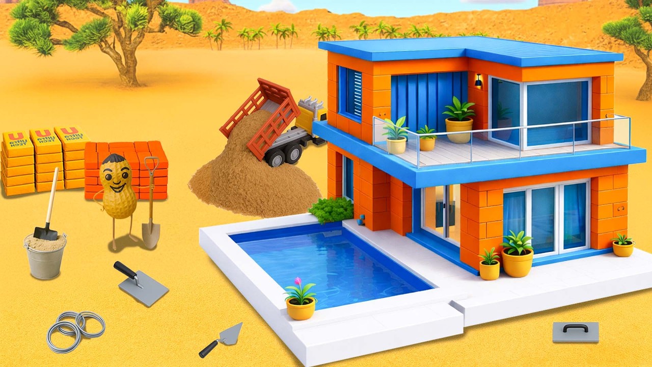 DIY Mini Tractor Builds a Modern 2-Story Brick House with Frontyard Swimming Pool | Science Project