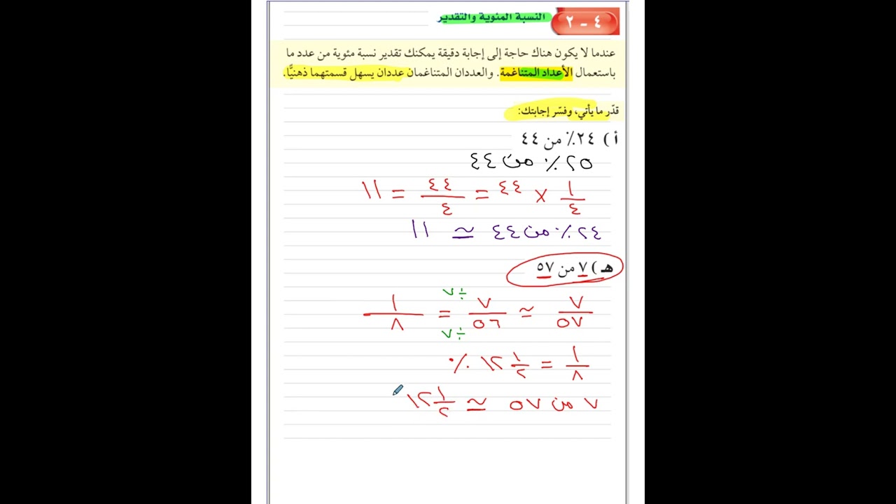 ايجاد النسبة المئوية والتقدير وخطة حل المسألة  (خلاصة الاسبوع 1 ) للصف الثاني المتوسط ف2