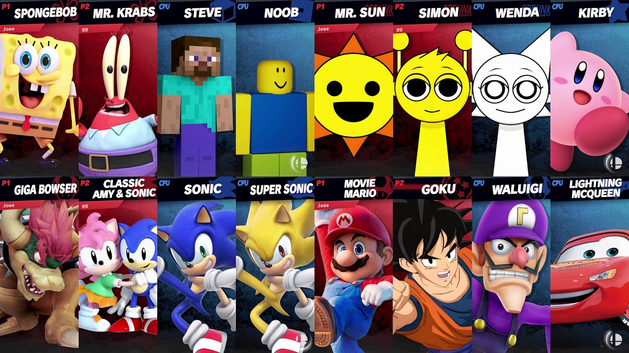 NEW Sonic vs Mario vs Roblox vs Minecraft vs Car vs SpongeBob vs Goku in Super Smash Bros Ultimate