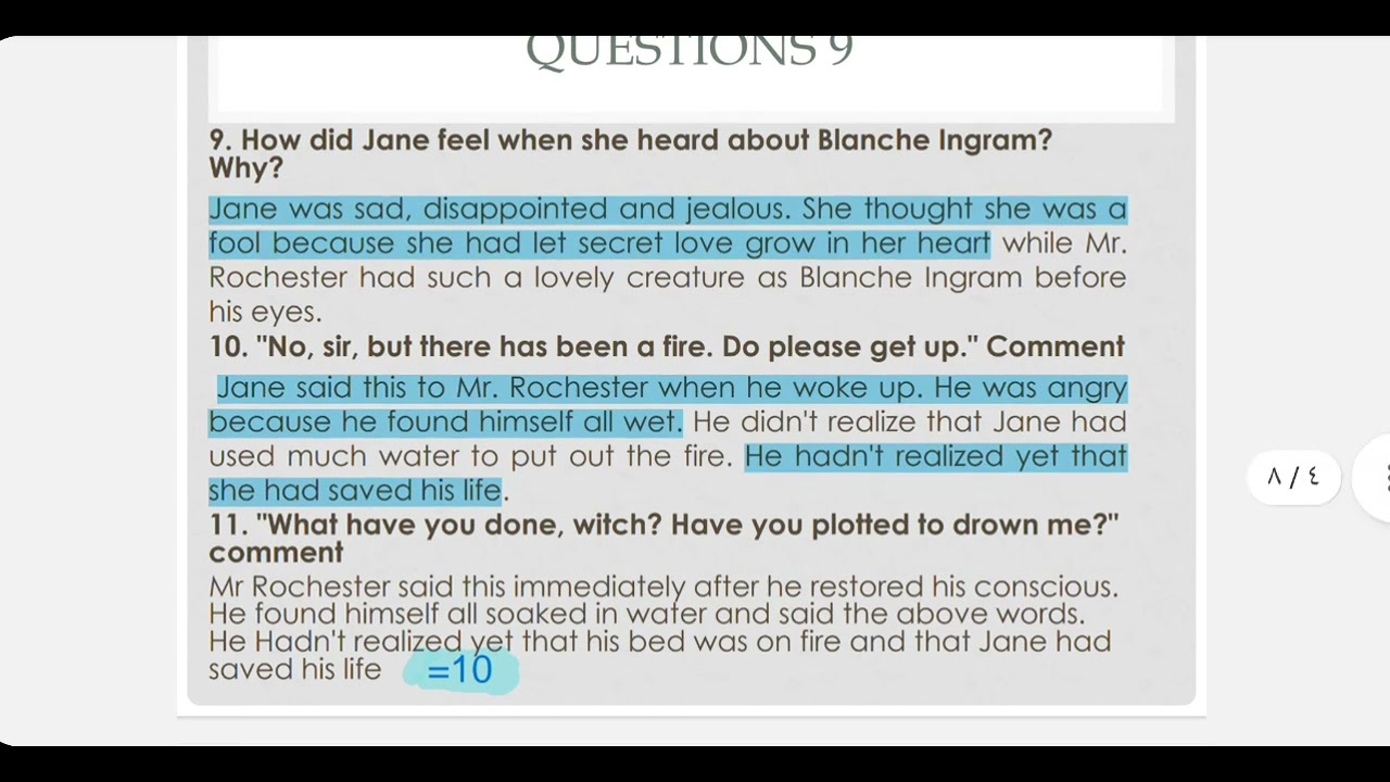 أسئلة chapter 9 من قصة Jane Eyre