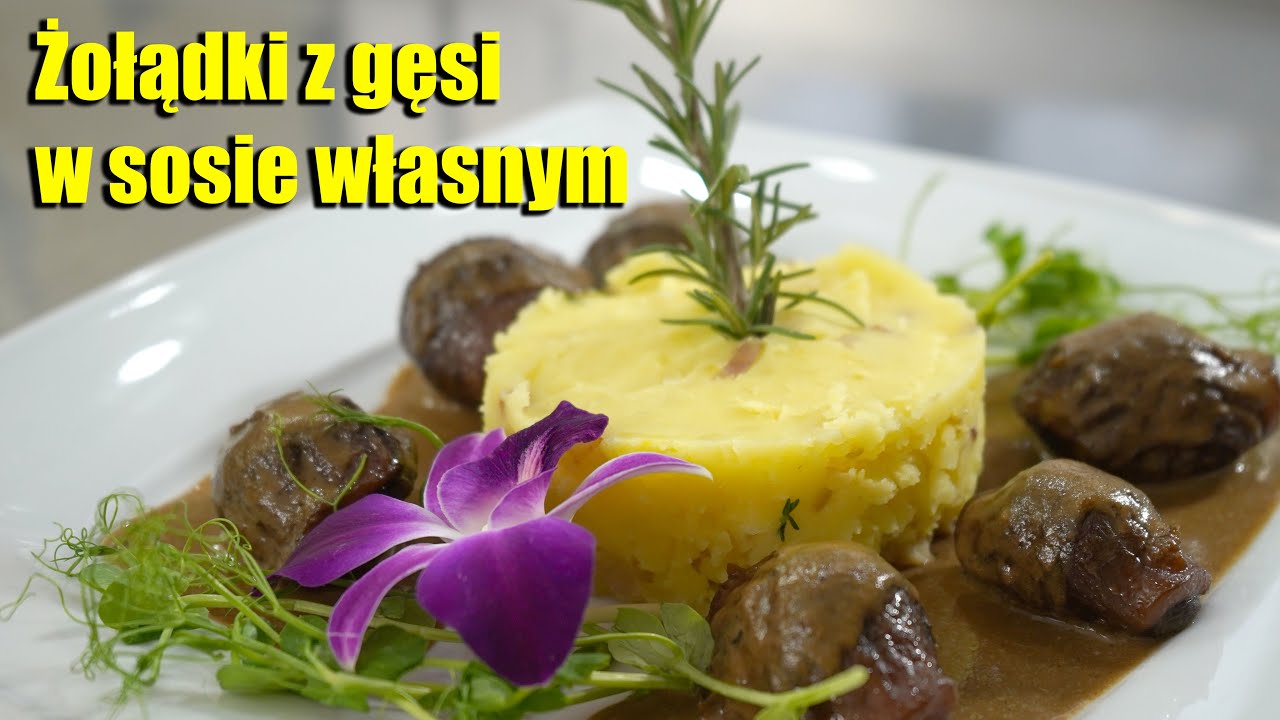 Żołądki z gęsi w sosie własnym z aromatycznym, czosnkowym puree ziemniacznym