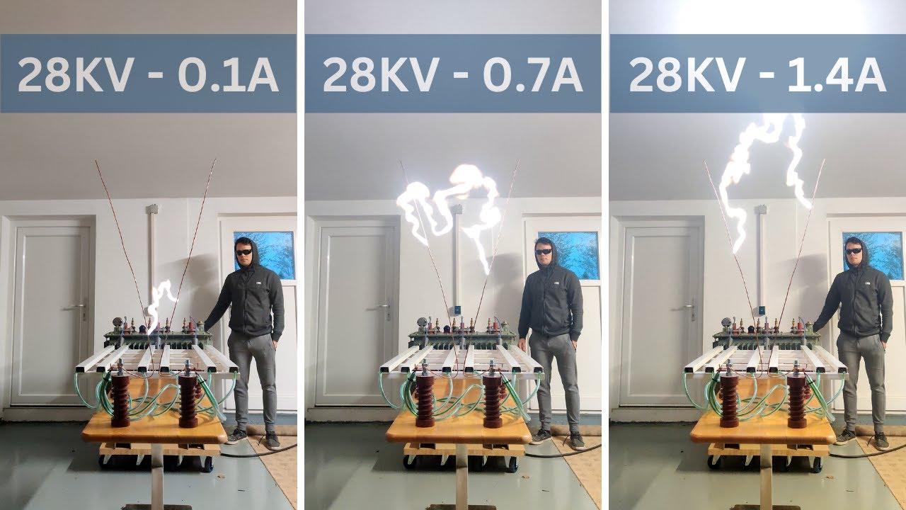 Electrical Arc Comparison - High Voltage Jacobs Ladder Discharge 28KV Different Currents