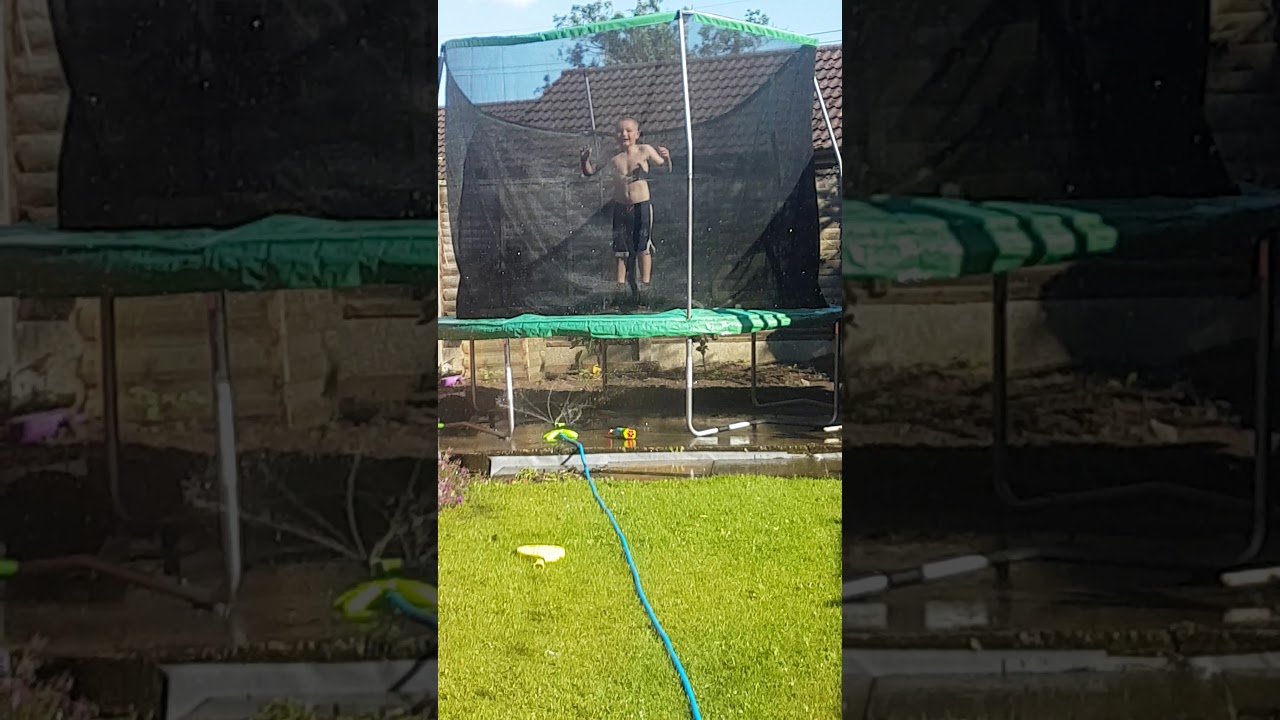 Garden sprinkler + trampoline=fun