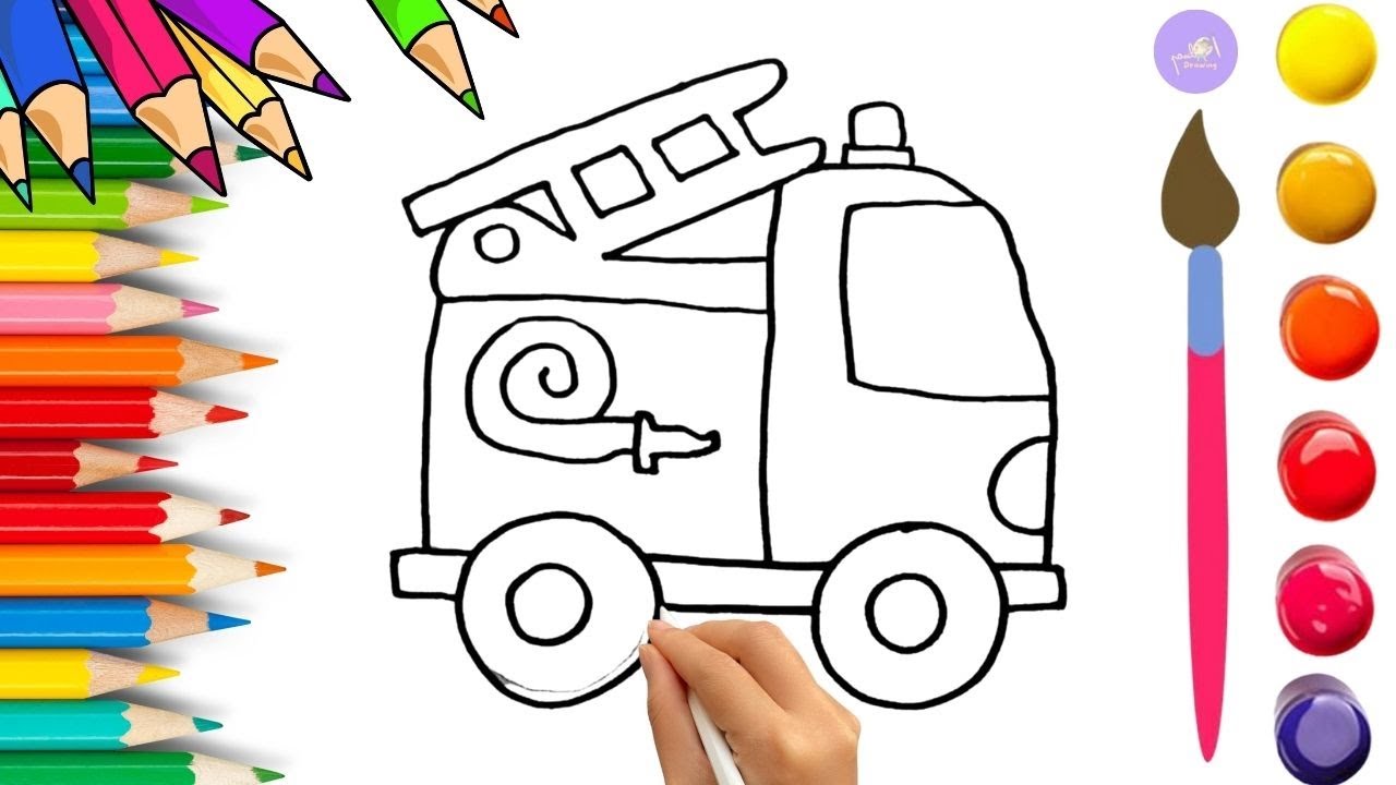 How To Draw cute Fire Truck Drawing, Painting & Coloring For Kids and Toddlers_🌈🎨