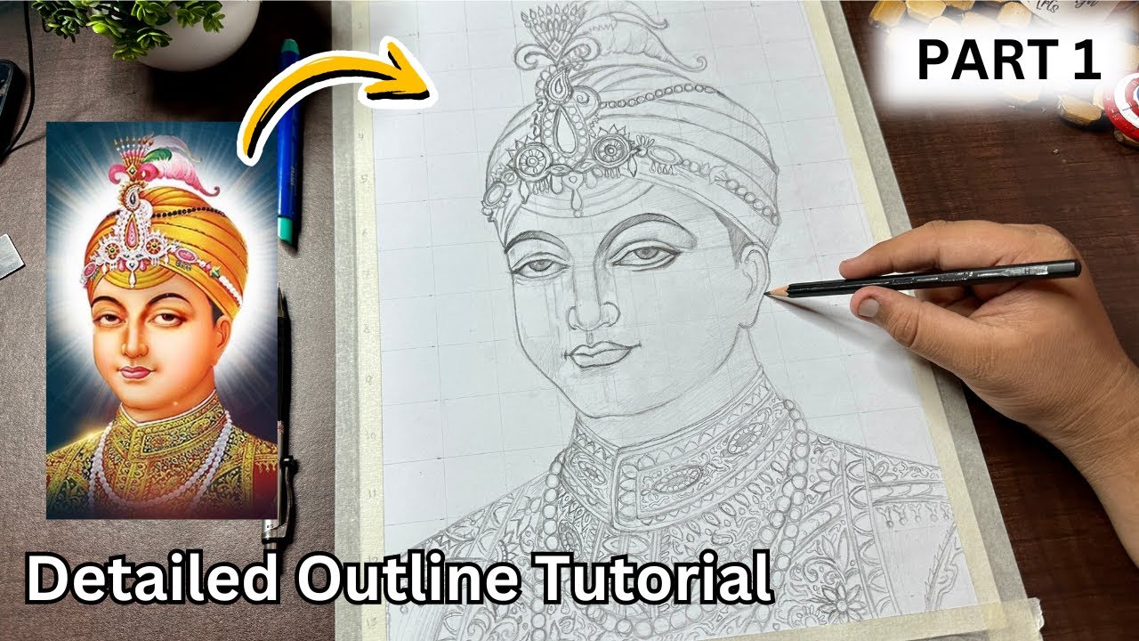How to draw Shri Guru Har Krishan Sahib ji 🙏🏻 PART 1 Outline Tutorial l Step By Step GRID METHOD ll