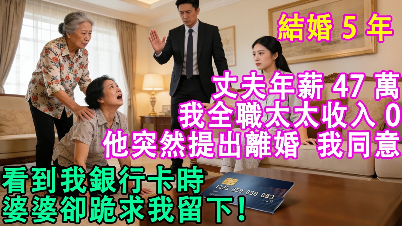 結婚5年，丈夫年薪47萬，我全職太太收入0。他突然提出離婚，我同意，當看到我銀行卡的數字時，婆婆跪求我留【小君講故事】#婆媳 #家庭 #婚姻 #情感 #情感故事 #為人處世 #養老 #老年生活 #退休