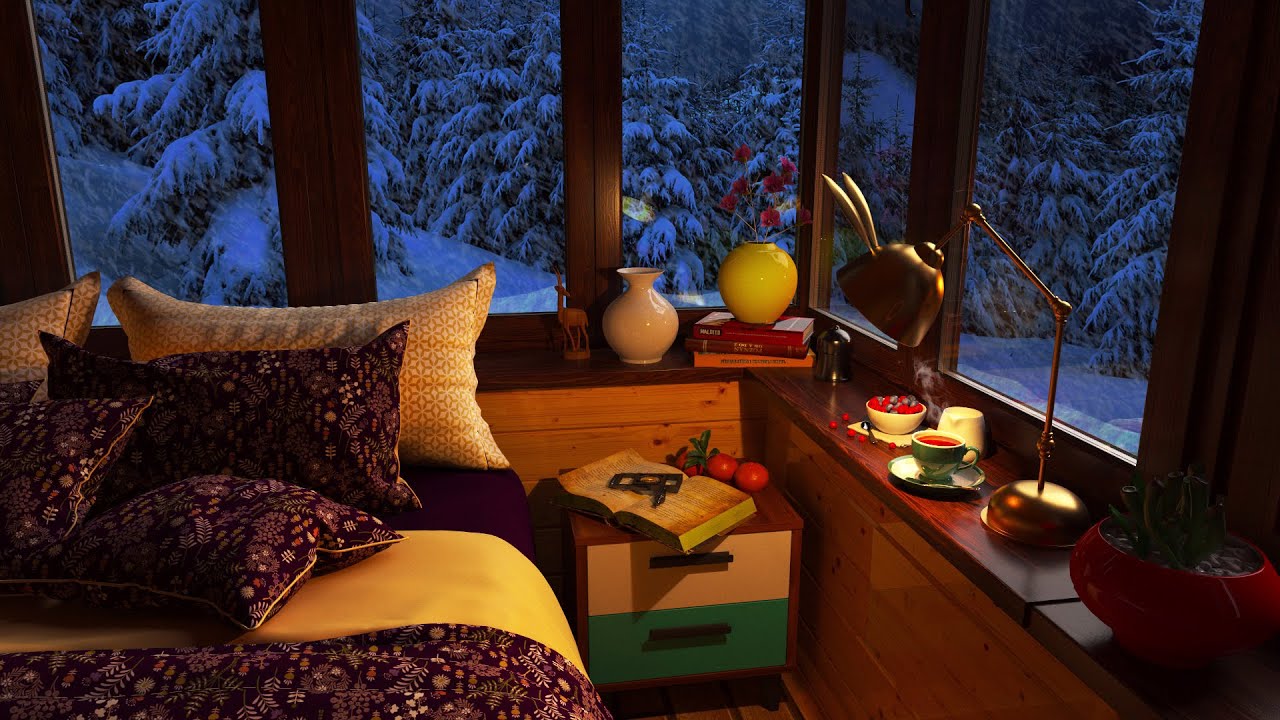 Deer near the cozy winter cabin | Blizzard for sleep, relax