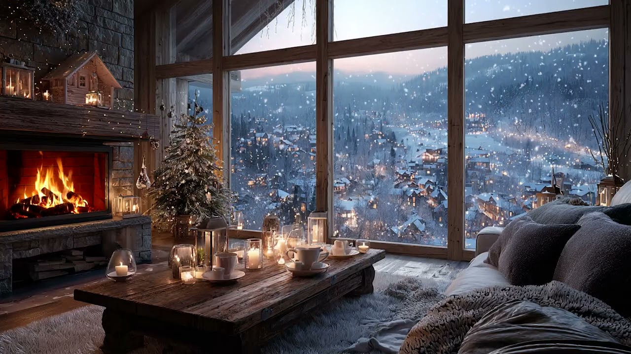 Cozy Winter Cabin Piano Ambience | Fireplace Warmth and Gentle Snowfall