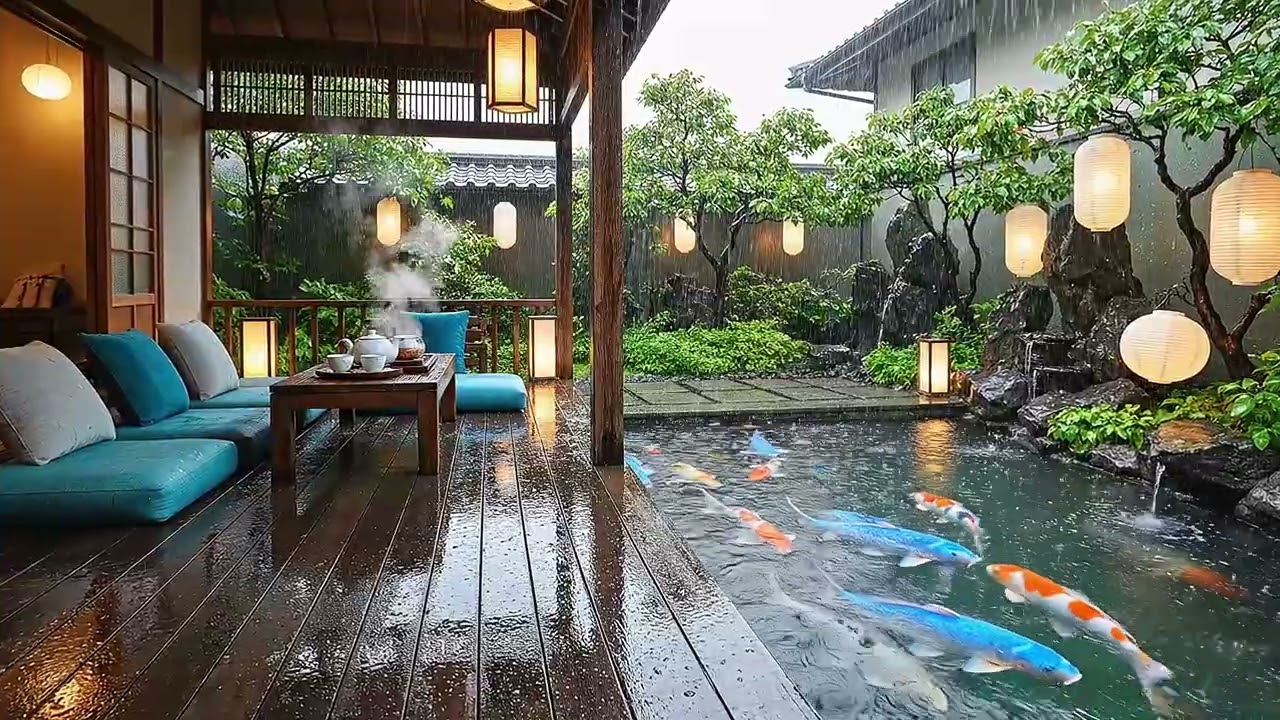 8K Hyper-Realistic RAINY Tea Terrace & Koi Pond | Ultimate Relaxation ASMR