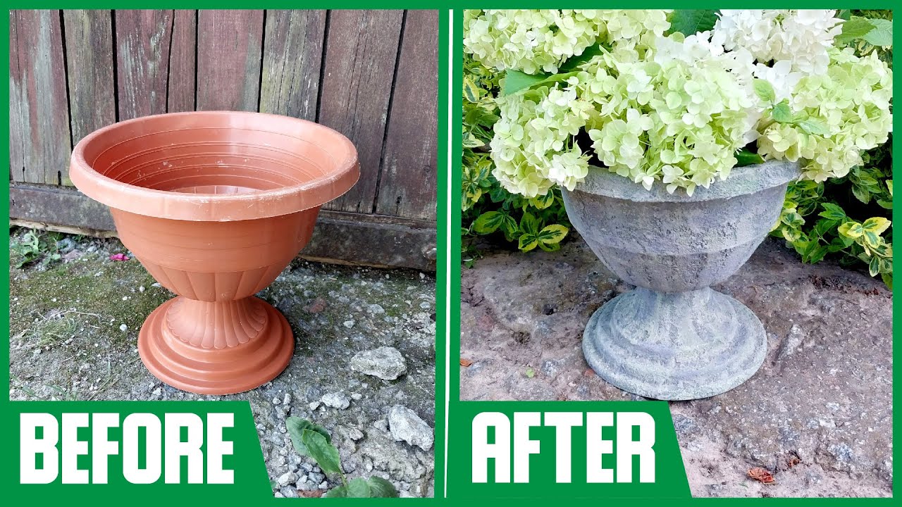 PSEUDO-STONE PLANTER out of a PLASTIC ONE // DIY, do it yourself // Free tutorial // Garden design