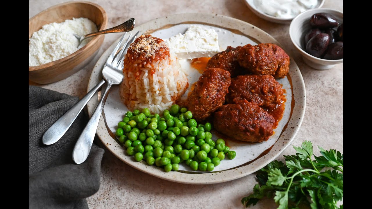 Greek soutzoukakia with rice