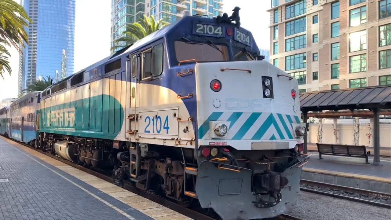 Coaster F40PHM-2C 2103 & 2104; Pacific Surfliner SC-44 Charger 2116, 2118 & 2122; BNSF & SD Trolley