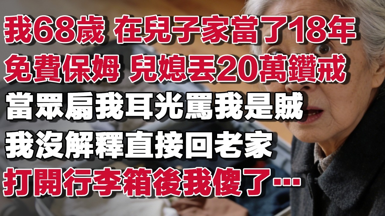 我68歲 在兒子家當了18年免費保姆 兒媳丟20萬鑽戒當眾扇我耳光罵我是賊我沒解釋直接回老家打開行李箱後我傻了…​#情感故事 #養老故事 #樂齡故事匯