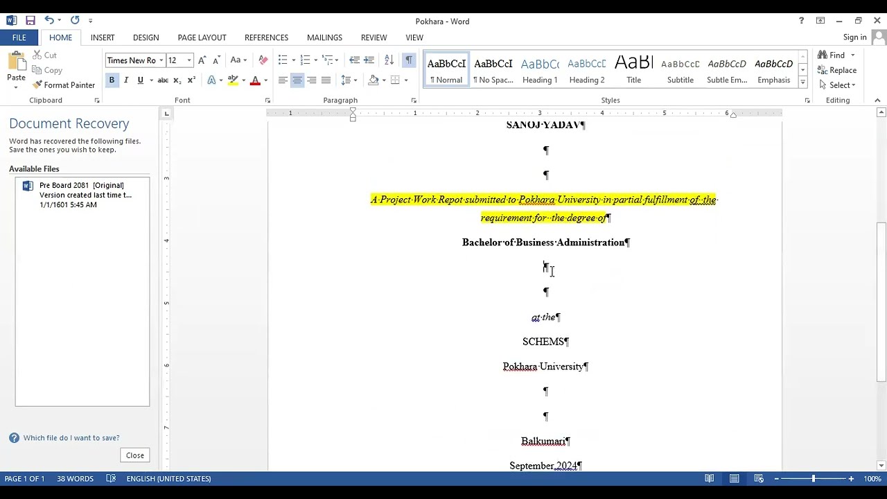 BBA Report Writing Pokhara University