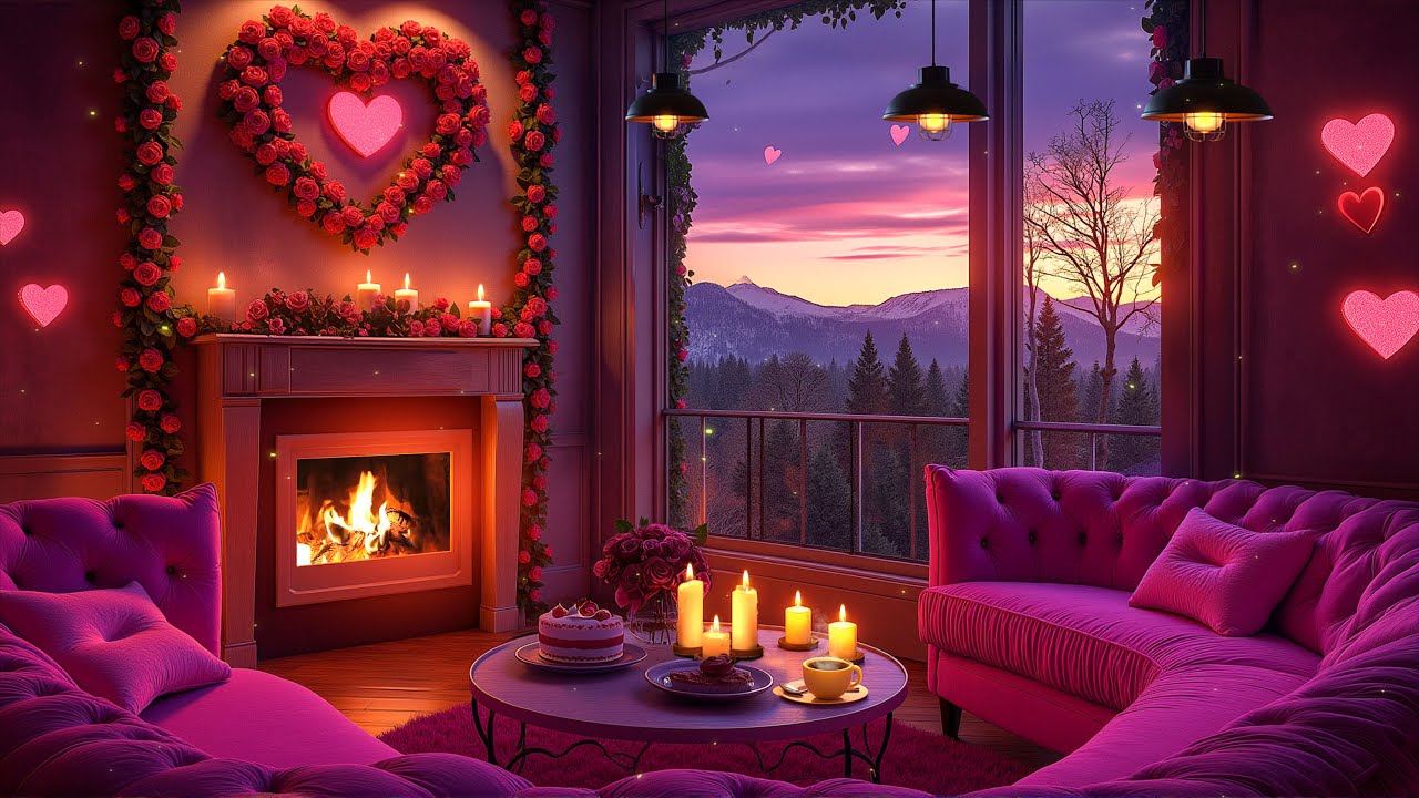 Valentine’s Day in Dreamy Pink Cozy Room Ambience 💖 Cozy Fireplace & Romantic Jazz for Relaxation
