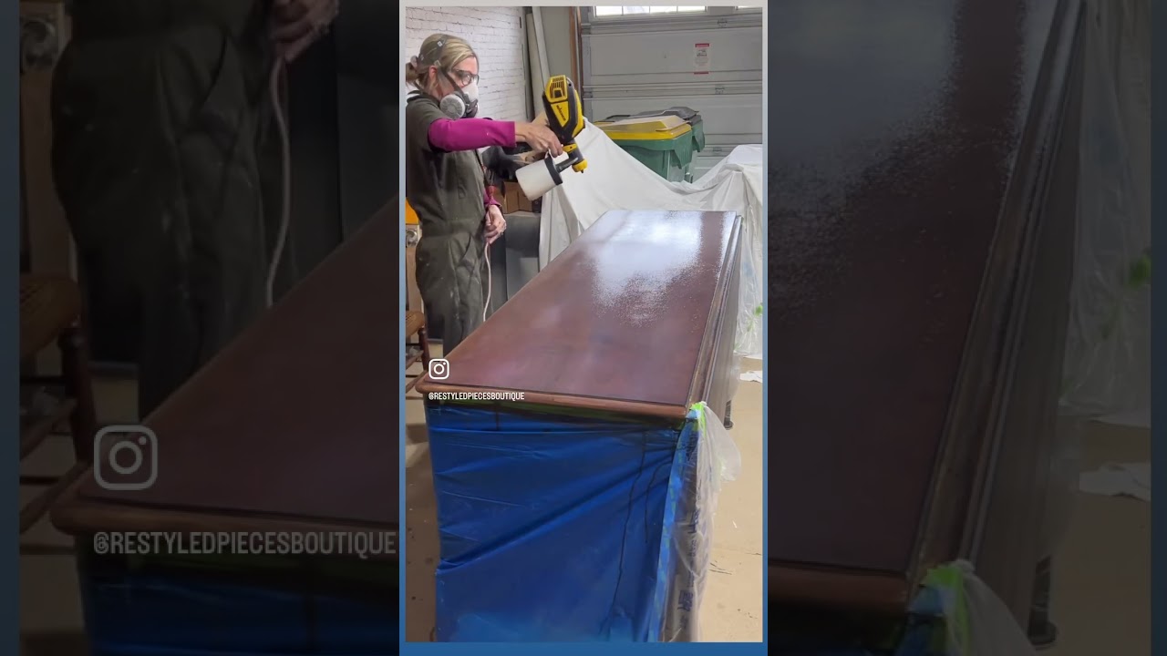 Spraying Top Coat on Furniture #diy #furnituremakeover #paintsprayer