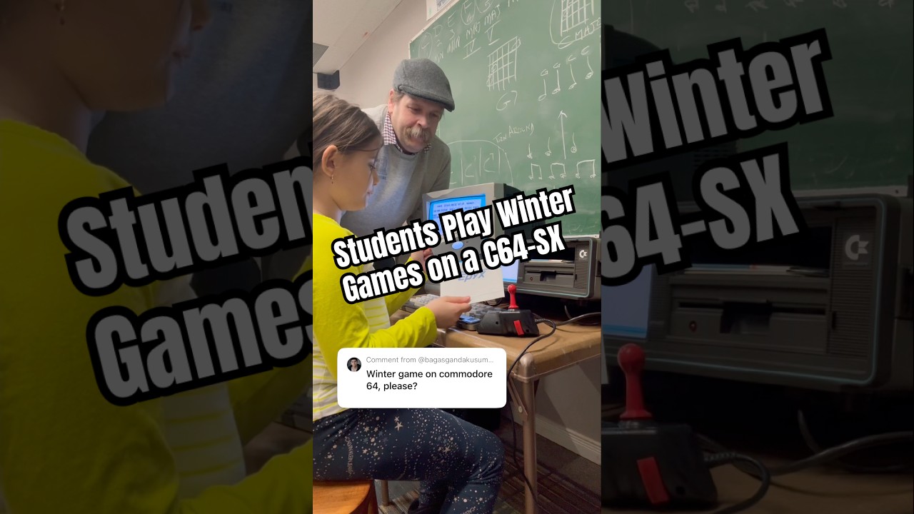 Students play Winter Games from 1985 on a Commodore SX-64 portable computer #retrogaming