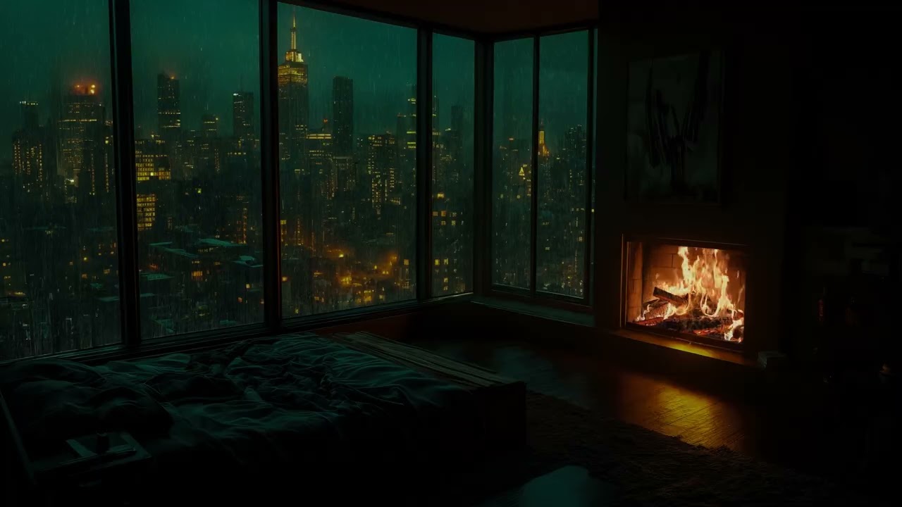Dark Window Rain & Thunderstorm Sounds 🌧️🔥 Cozy Fireplace Ambience for Deep Sleep (No Ads)