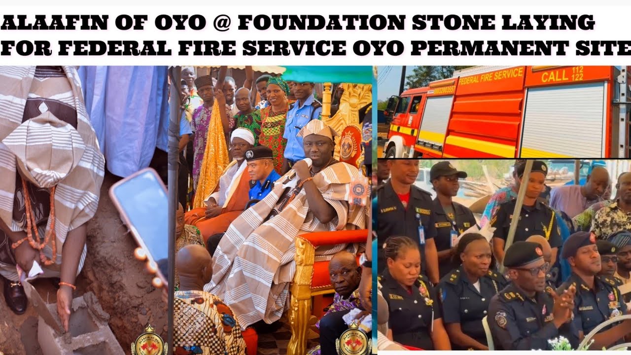 ALAAFIN OF OYO AT FOUNDATION STONE LAYING FOR PERMANENT SITE FEDERAL FIRE SERVICE OYO 