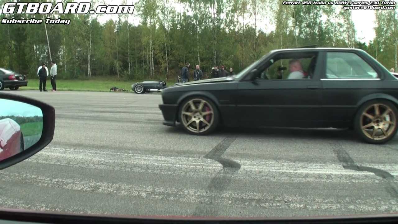 Ferrari 458 Italia vs BMW 3-series E30 Turbo E85-powered.