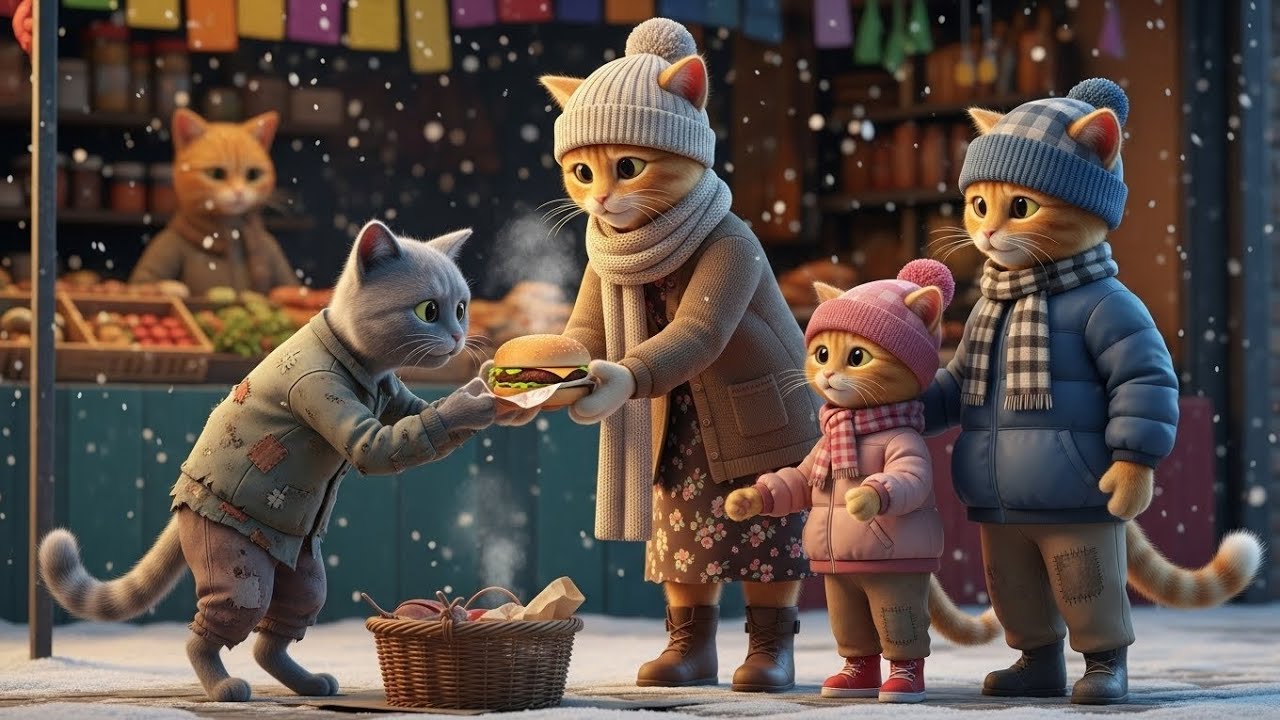 🌨️ A Burger of Kindness: When a Cat Family Feeds Hope in Winter 🐱❤️