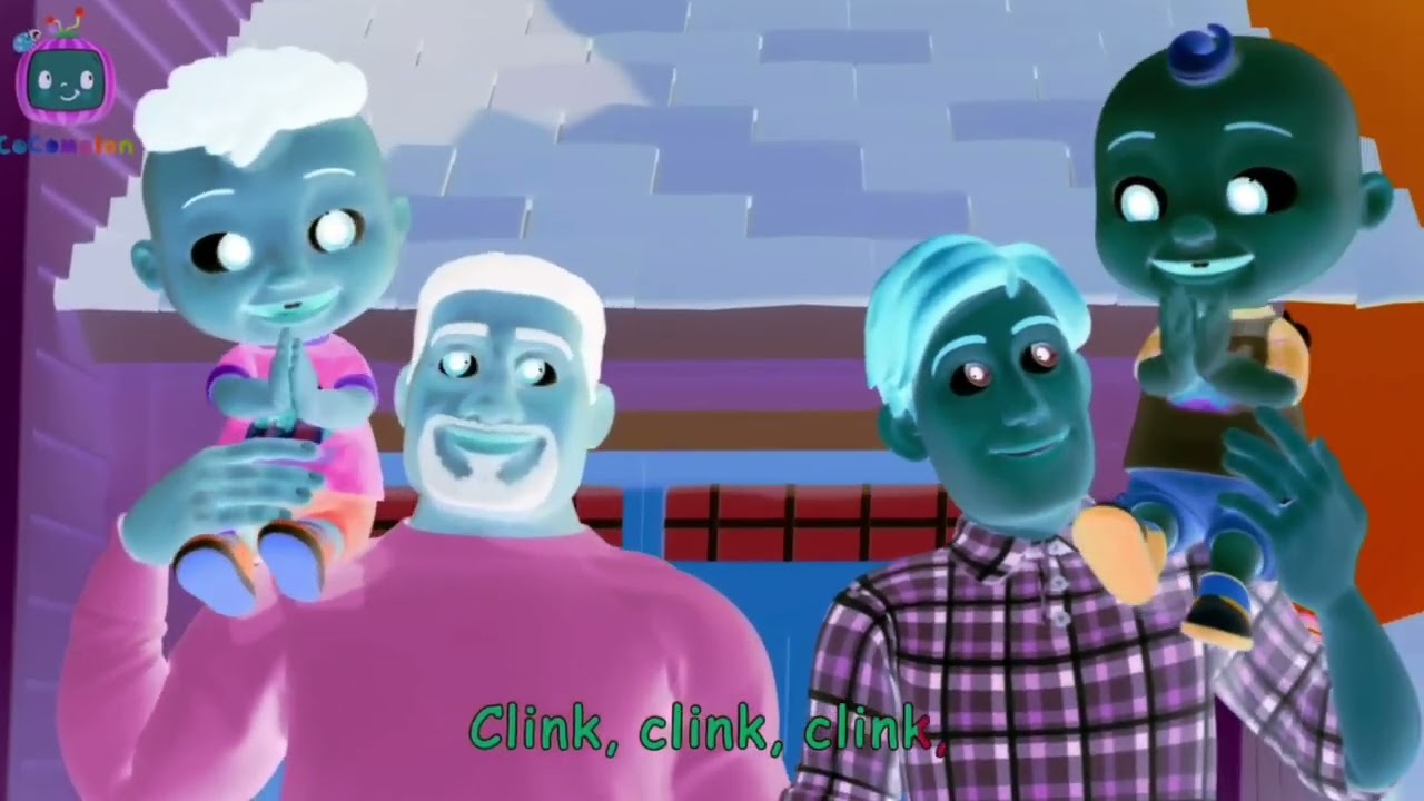 Cocomelon says the recycling on the truck goes, clink, clink, clink, / voice pitch effects