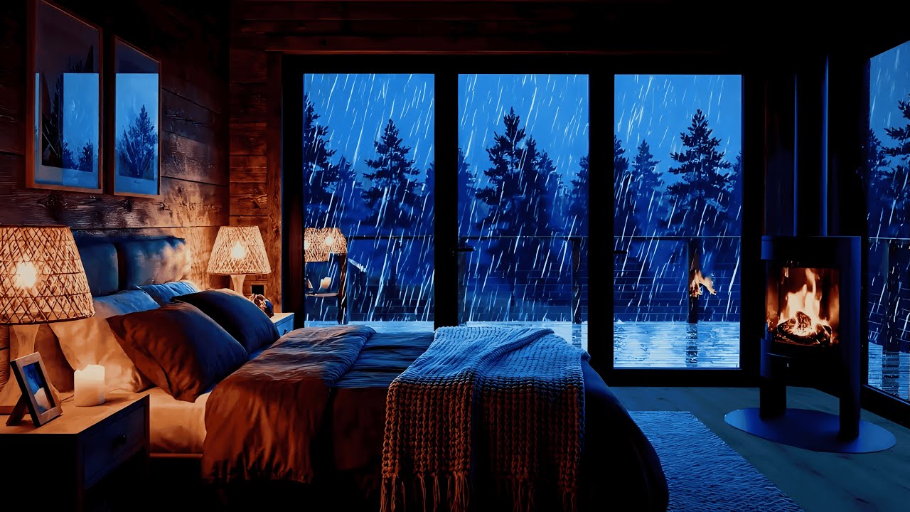 Calming Rain Sounds in The Forest with Cozy Fireplace | Cabin Sleep Night – Relaxing Cabin Rain