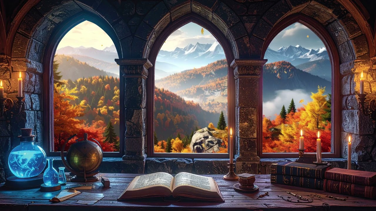 Autumn Evening in a Medieval Castle Window | Cozy Fantasy Ambience for Relaxing