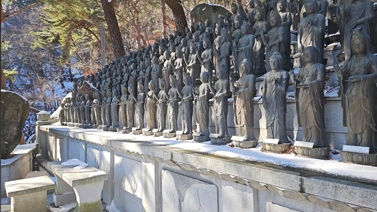 Peaceful winter ambience at a mountain Buddhist Cheonchuksa Temple. 