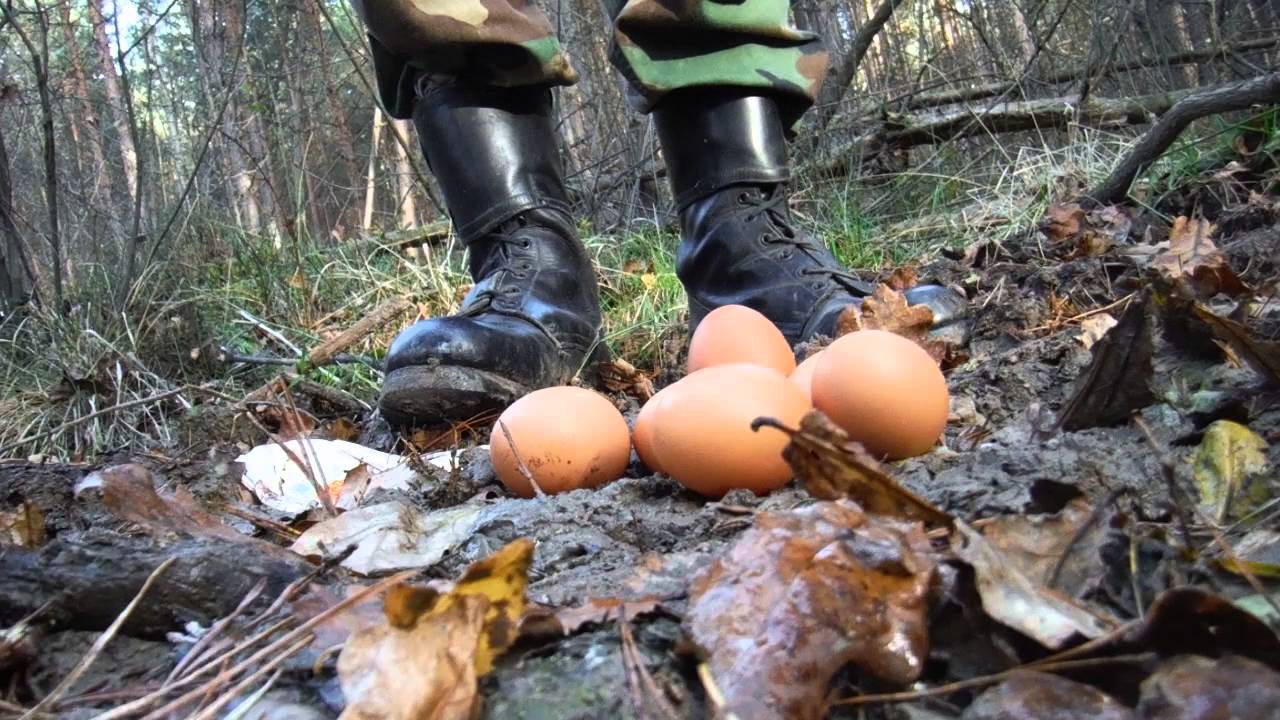 stomping eggs in mud army boots