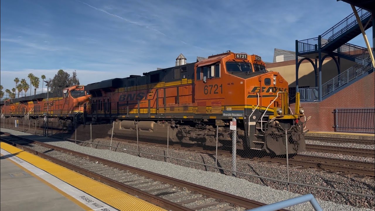Monster Westbound BNSF Colorful Stack Train With 2 Mid DPU Helpers At Downtown Station Riverside, CA