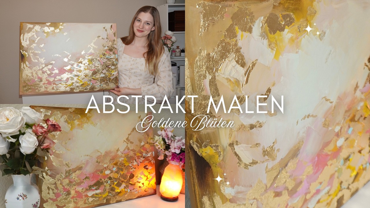 Golden Petals 🌸✨ Gold und Ostergelb, traumhaftes abstraktes & helles Gemälde mit Blattgold Imitat