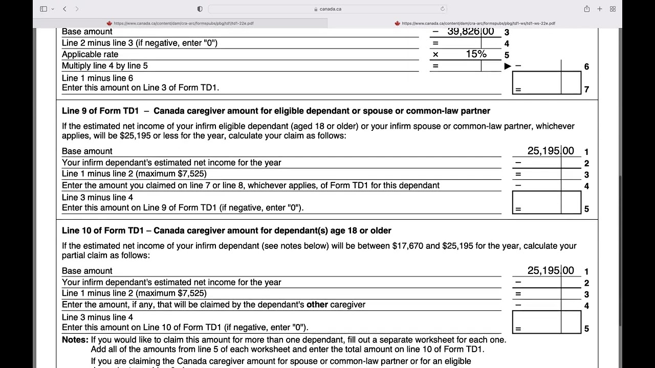 Canada Income Taxes TD1 Worksheet #49