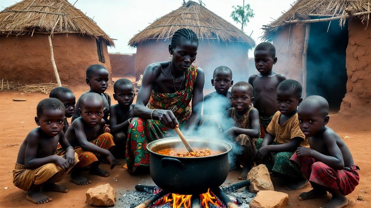 Strong African Village Mother Feeds Her Hungry Big Family